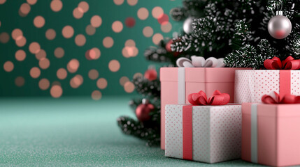 Festive gifts by decorated Christmas tree.