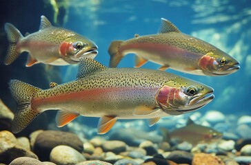 Naklejka premium Vibrant Rainbow Trout Swimming Gracefully in Clear Freshwater Stream with Colorful Pebbles Underwater Displaying Natural Aquatic Habitat Characteristics