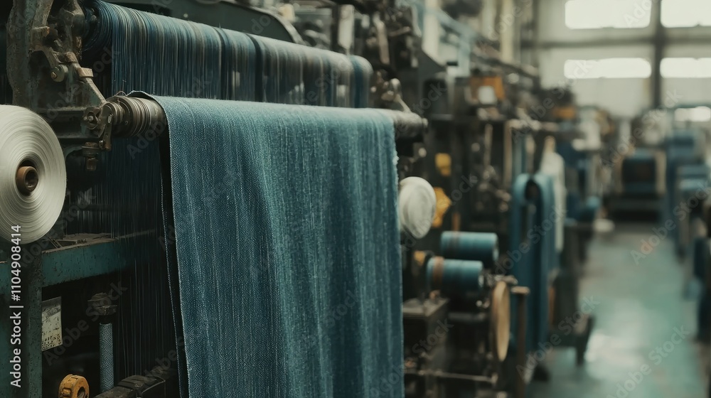 Poster industrial textile machinery in a denim factory, focusing on fabric rolls and the weaving process us