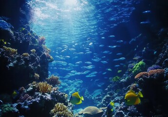 Obraz premium Vibrant Underwater Scene Featuring Colorful Coral Reefs and Diverse Tropical Fish Swimming in Crystal Clear Ocean Water with Sunlight Filtering Through the Surface