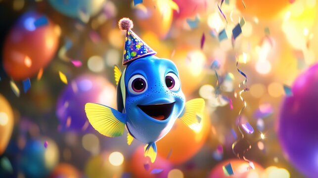 Smiling Fish Wearing Birthday Hat 3D Illustration