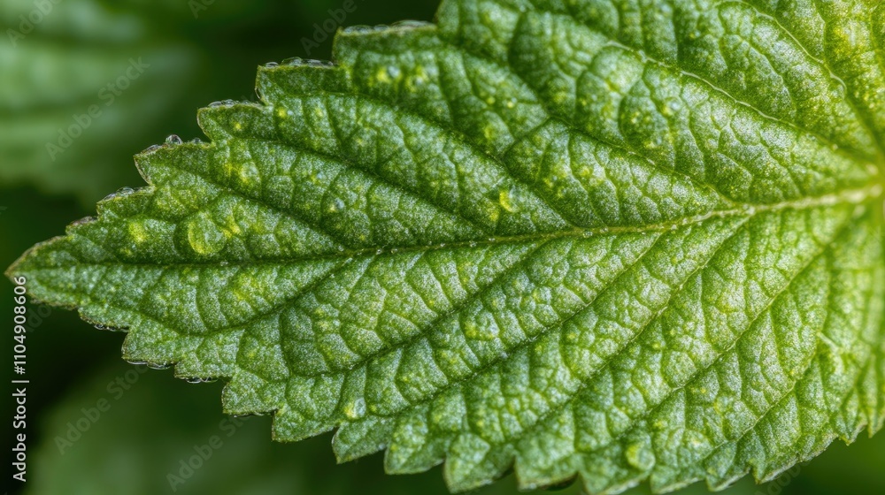Poster macro close-up of a green leaf with morning dew drops at dawn, creating a fresh, natural organic bac