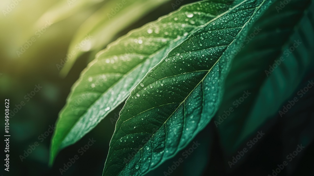 Poster macro close-up of a green leaf with morning dew drops at dawn, creating a fresh, natural organic bac