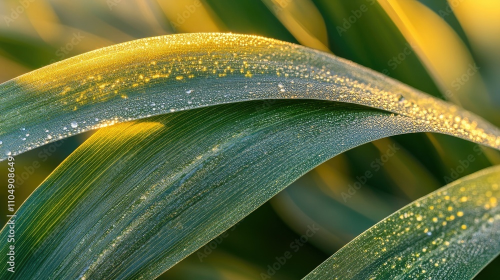 Poster macro close-up of a green leaf with morning dew drops at dawn, creating a fresh, natural organic bac