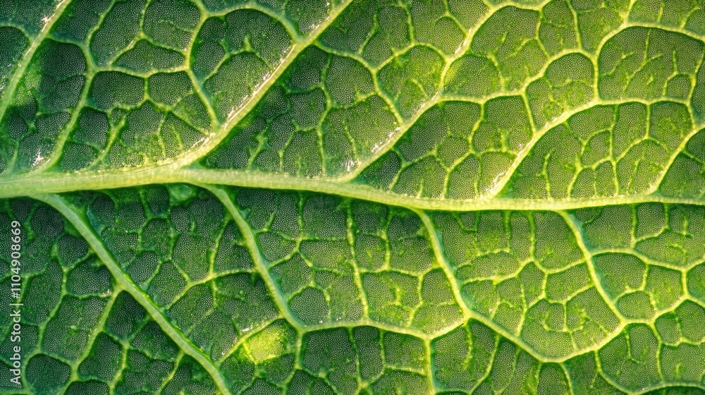 Poster macro close-up of a green leaf with morning dew drops at dawn, creating a fresh, natural organic bac