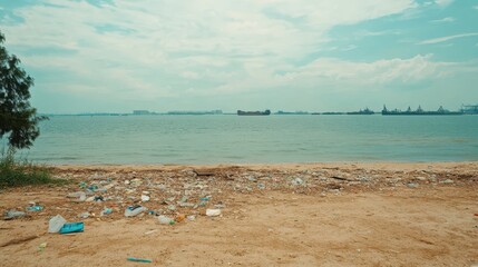 Shoreline Covered with Plastic Waste and Litter