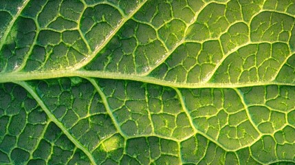 Macro close-up of a green leaf with morning dew drops at dawn, creating a fresh, natural organic background full of texture and light
