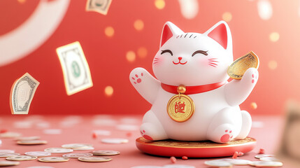 3d cute lucky cat animal with coin illustration. Japanese fortune kitten toy. White oriental figurine symbol with blurry money element falling. Asia bg with waving mascot in collar vector background