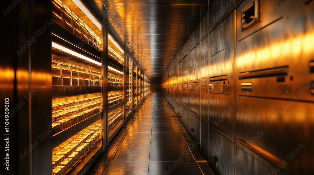 Poster rows of golden ingots stored inside open bank safe deposit lockers, showcasing luxury and security i