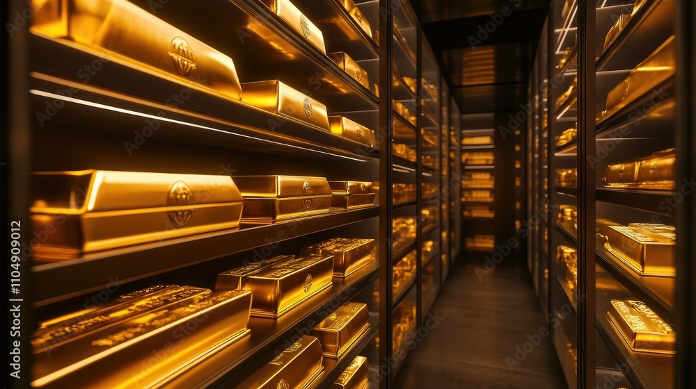 Poster rows of golden ingots stored inside open bank safe deposit lockers, showcasing luxury and security i
