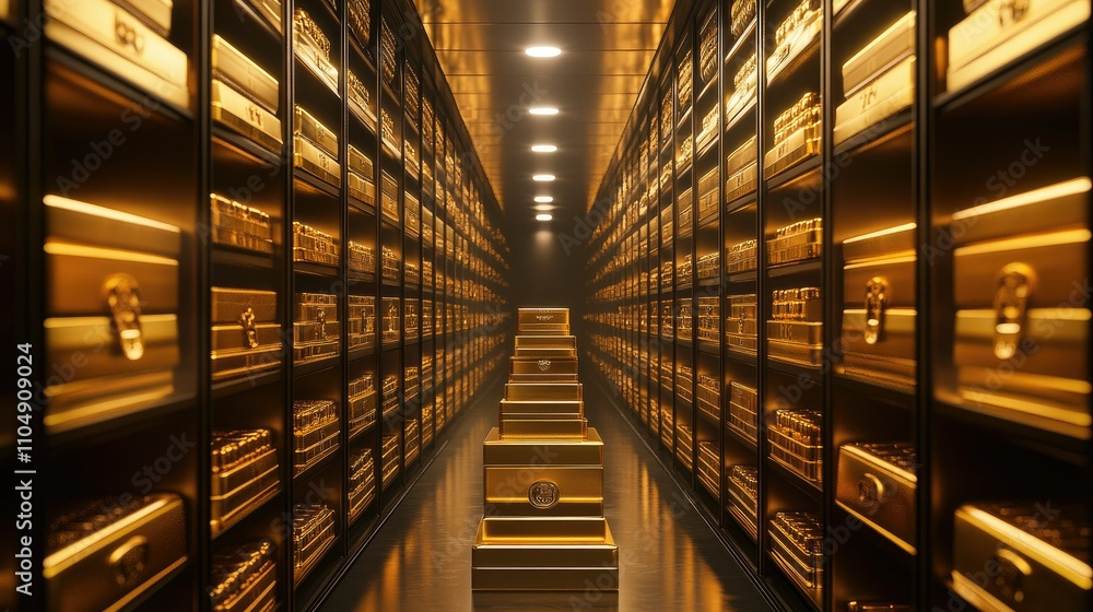 Poster rows of golden ingots stored inside open bank safe deposit lockers, showcasing luxury and security i
