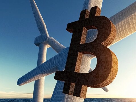 A symbolic representation of renewable energy and cryptocurrency, featuring a Bitcoin logo alongside wind turbines against a scenic backdrop.
