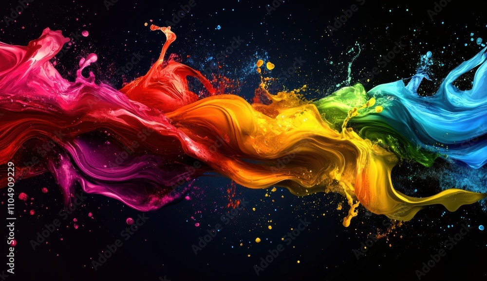 Poster vivid splash of colorful liquid waves creating a dynamic abstract background with bright hues and en