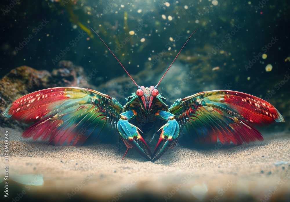Poster vividly colored lobster with vibrant patterns and graceful antennae displaying intricate features in