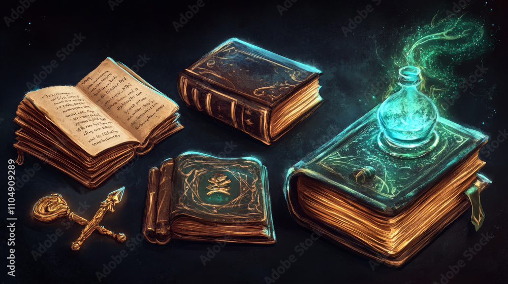 Poster game magic scroll parchment and wizard book ui icon. fantasy ancient cartoon map object. fairy tale 