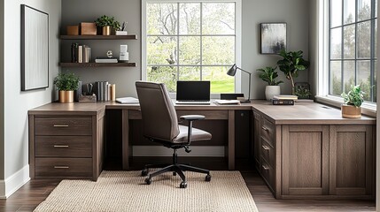 Fototapeta premium Modern home office with L-shaped desk, chair, and natural light.