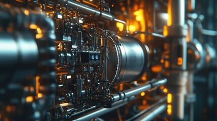 Fototapeta premium The high-tech operation of a hydrogen production plant with machinery and pipes for producing hydrogen gas, captured in a detailed close-up