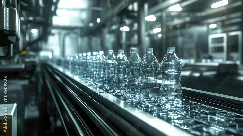 Poster water flowing into plastic bottles on a high-tech conveyor belt in a clean factory setting, emphasiz