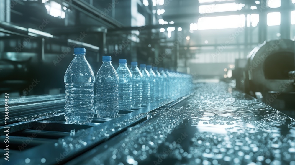 Aufkleber water flowing into plastic bottles on a high-tech conveyor belt in a clean factory setting, emphasiz