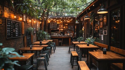 Charming outdoor dining area adorned with warm lights and lush greenery.