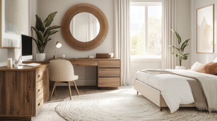 Home bedroom interior. House room inside vector with groovy furniture. Mirror on wall, chamomile carpet and clean window for modern hotel apartment. Cozy girly indoor design with computer on table
