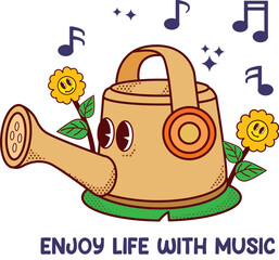 Watering Can with Musical Flowers Illustration