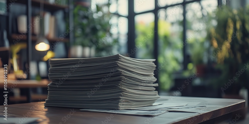 Poster a stack of papers on a wooden desk in a modern office setting with blurred background