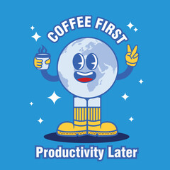 Coffee First Globe Retro Illustration