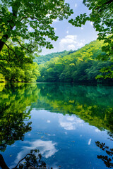 Tranquil Lake Surrounded by Lush Trees Reflecting Nature’s Serenity