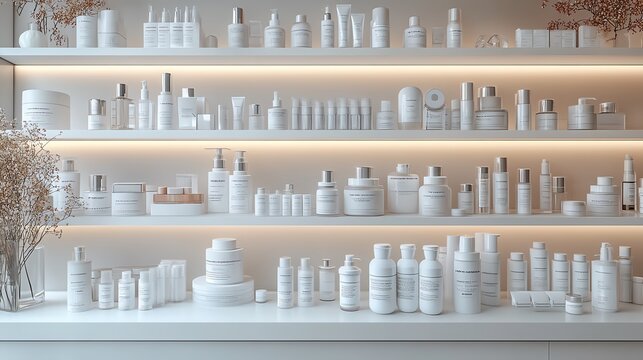 Minimalist collection of skincare products displayed on a clean, elegant shelf.