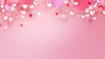 Fototapeta premium Valentines day card. Heart confetti falling over pink background for greeting cards, wedding invitation
