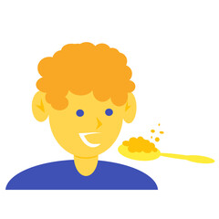 A curly-haired red-haired child eats porridge from a spoon. Child eats porridge