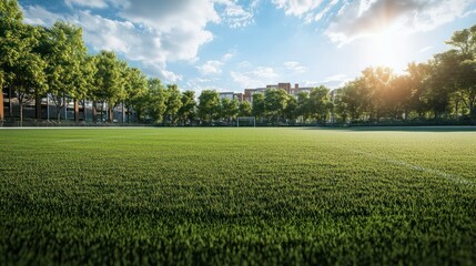 University campus football field with a lush green lawn, ideal for games or events, with ample copy space image for a picturesque scene.