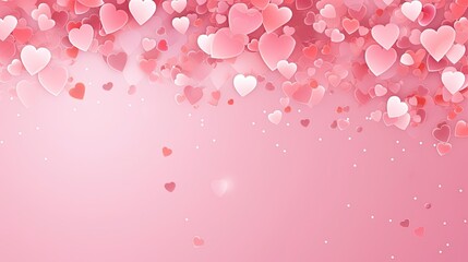 Fototapeta premium Valentines day card. Heart confetti falling over pink background for greeting cards, wedding invitation