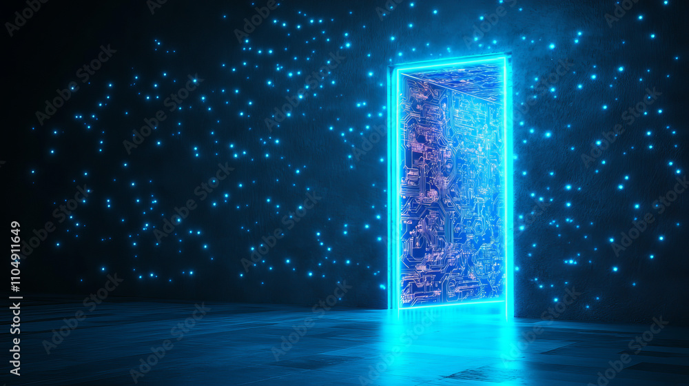 Poster futuristic open door with digital technology neon light pattern on wall. realistic 3d vector illustr
