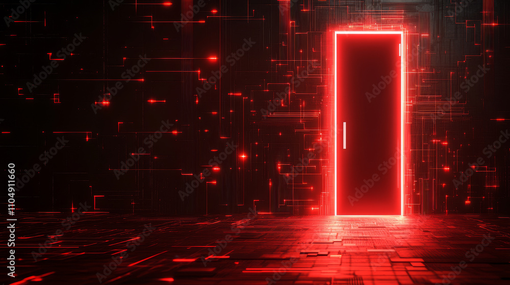 Poster open door on red glitch background. vector realistic illustration of neon lines on black backdrop wi