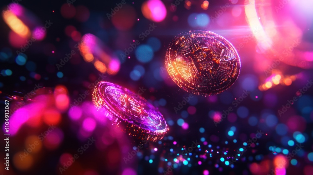 Poster futuristic glowing coins with bokeh effect in dark background.