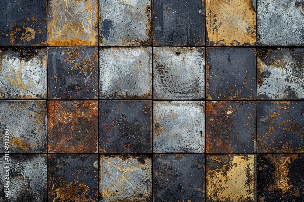 Poster rustic metal tiles with varying rust and patina, checkered pattern. perfect for backgrounds, texture