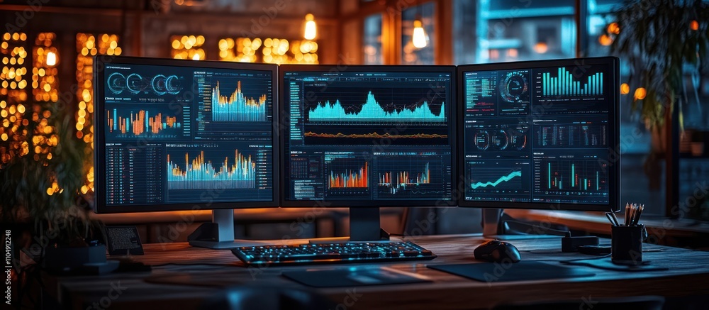 Poster three computer monitors displaying stock market data on a desk in an office.