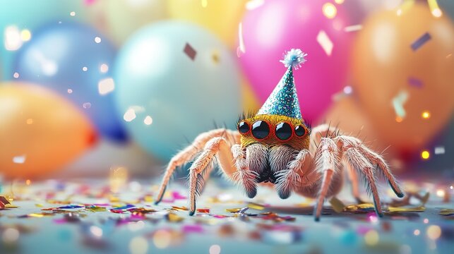 Jumping Spider Wearing Party Hat Illustration