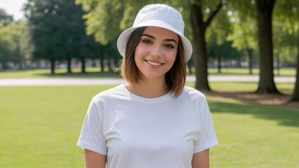 Young woman with short hair wearing white t-shirt and white bucket hat standing in the park