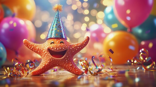 Happy Starfish Birthday Party 3D Illustration