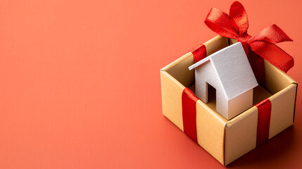 Miniature house in gift box on orange background