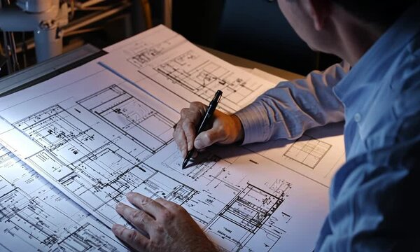 Architect meticulously reviewing and annotating detailed blueprints at night.