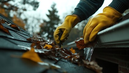 Autumn Home Maintenance Cleaning Gutters Clogged Leaves Seasonal Housework Yellow Gloves Roof
