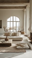 Fototapeta premium Coastal Minimalist Living Room Design Featuring Neutral Tones