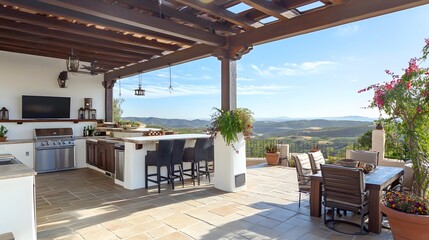 Fototapeta premium Outdoor kitchen with mountain view, patio furniture, and pergola.