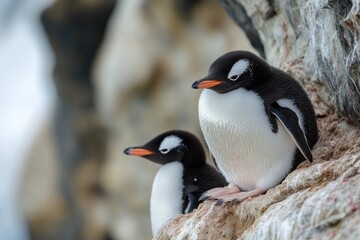 Naklejka premium Two penguins perched on a rock, looking out at the scenery.