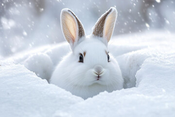 A whimsical close-up of a white rabbit peeking from its snow hole, perfect for winter-themed designs, holiday cards, and nature-related projects.