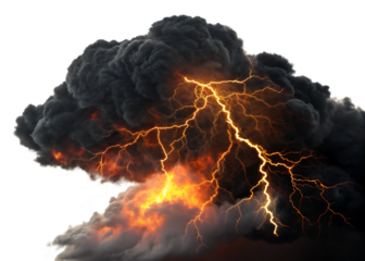 Black smoke storm clouds with fire and lightnings isolated on white background as transparent. PNG. AI GENERATED